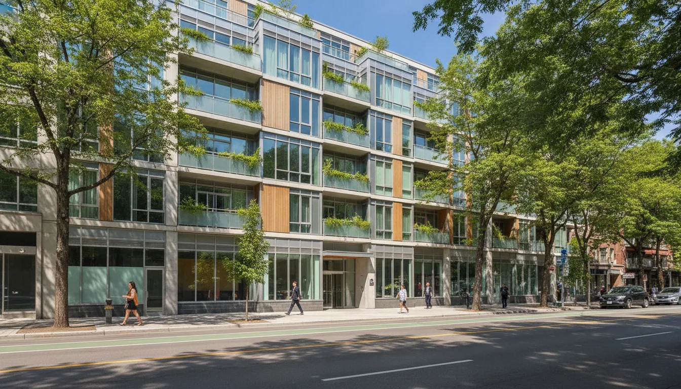 Professional apartment building exterior in Montreal with well-maintained facade on a tree-lined street