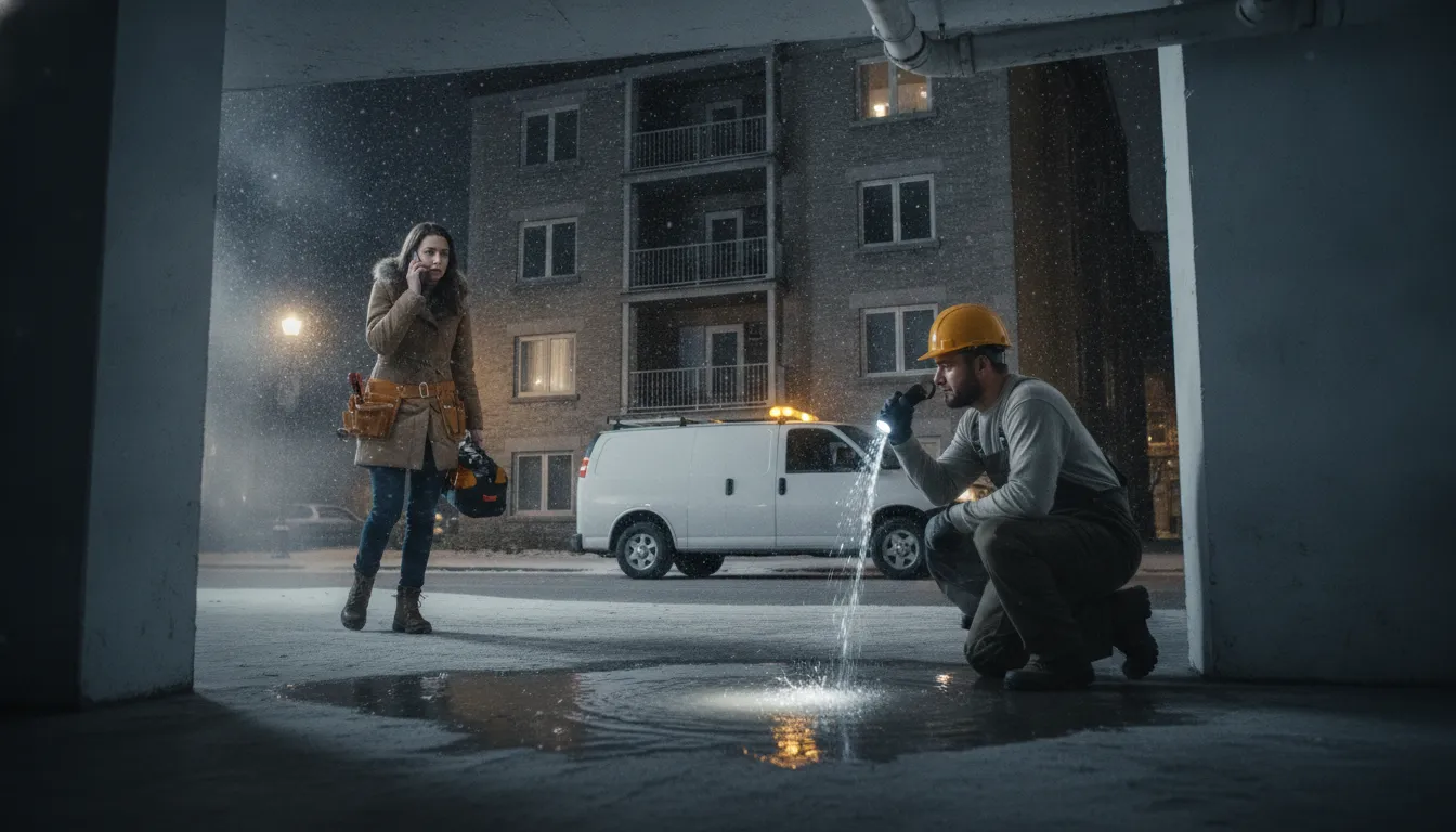 Property maintenance technician responding to an after-hours emergency at a Montreal apartment building at night