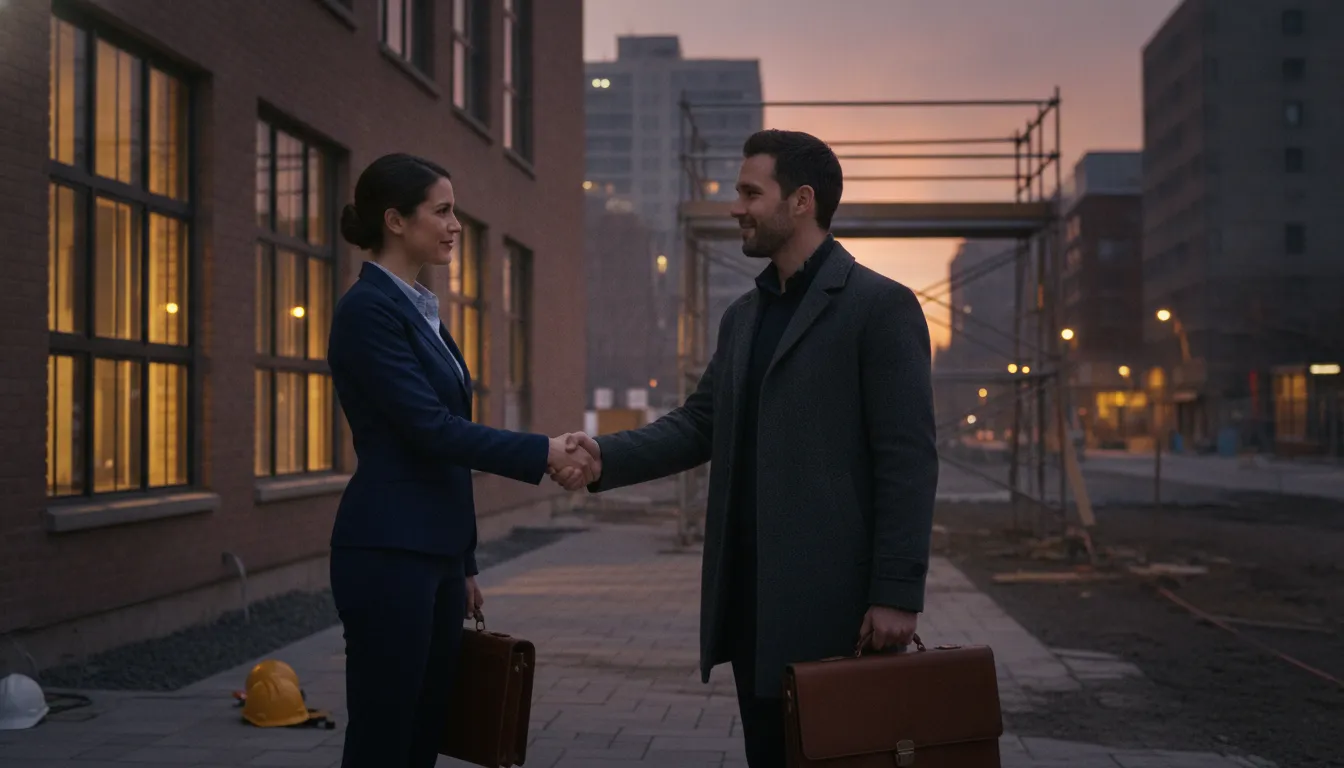 Property manager and developer reviewing a newly built Montreal apartment building at dusk