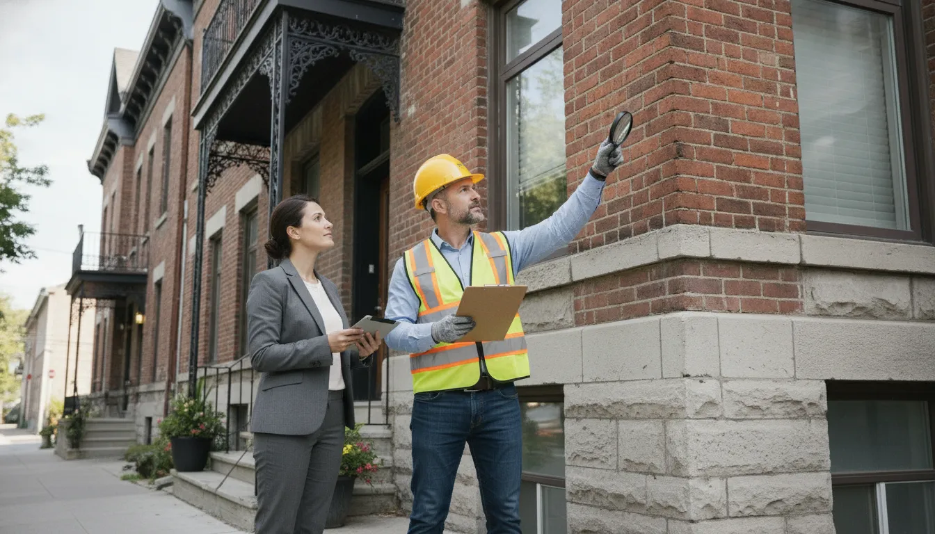 Property inspector and investor reviewing a classic Montreal triplex facade